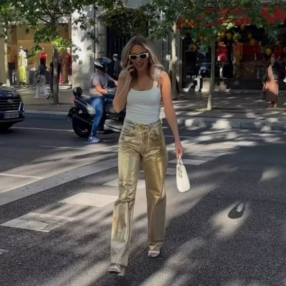 ZARA METALLIC GOLD JEANS - Picture 6 of 10